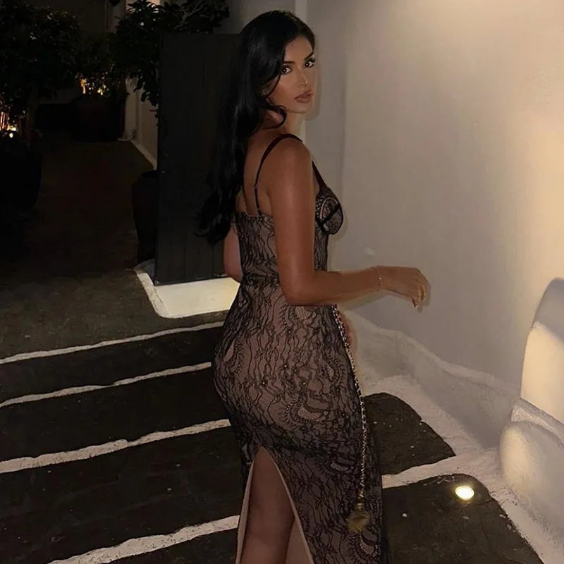 New Spring Lace Stitching Backless Slit Elegant Maxi Dress