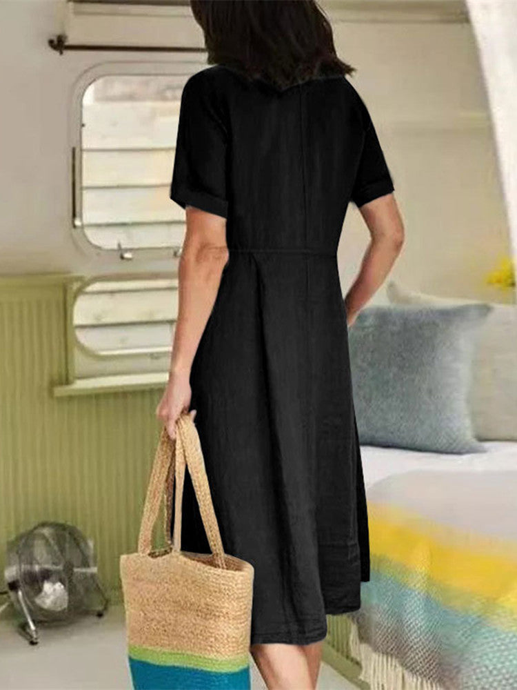 V Neck Linen Button-Down Midi Dress with Pocket In Black