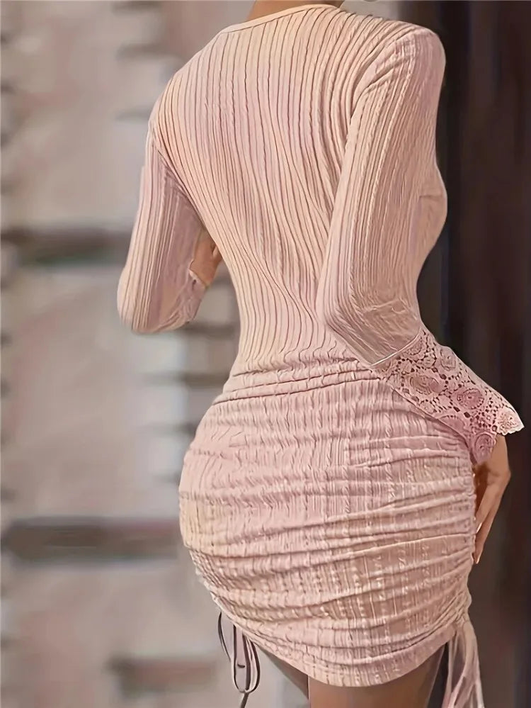 Spring O-Neck Hem Drawstring Office Lace Dress