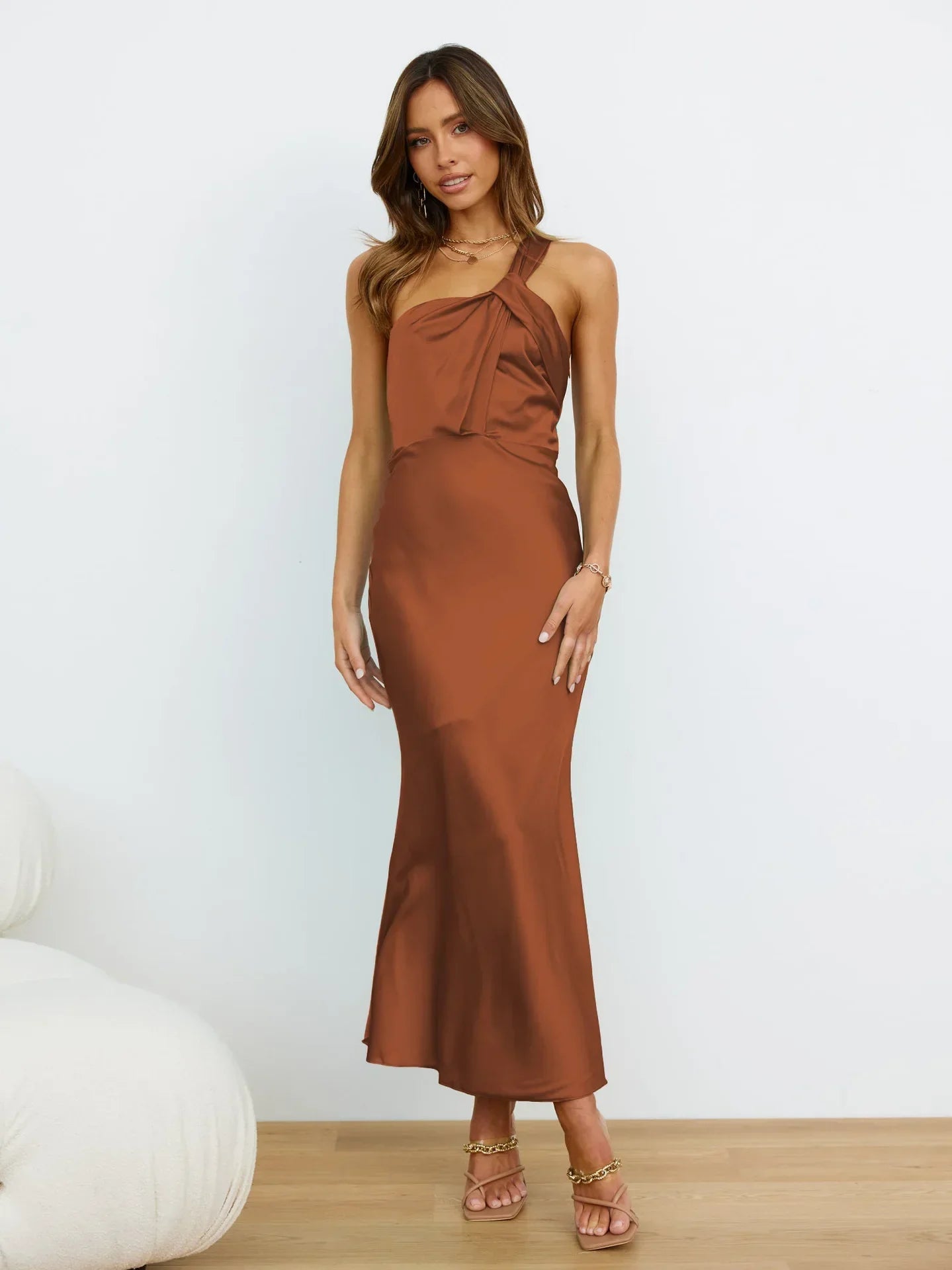 Satin One Shoulder Midi Dress