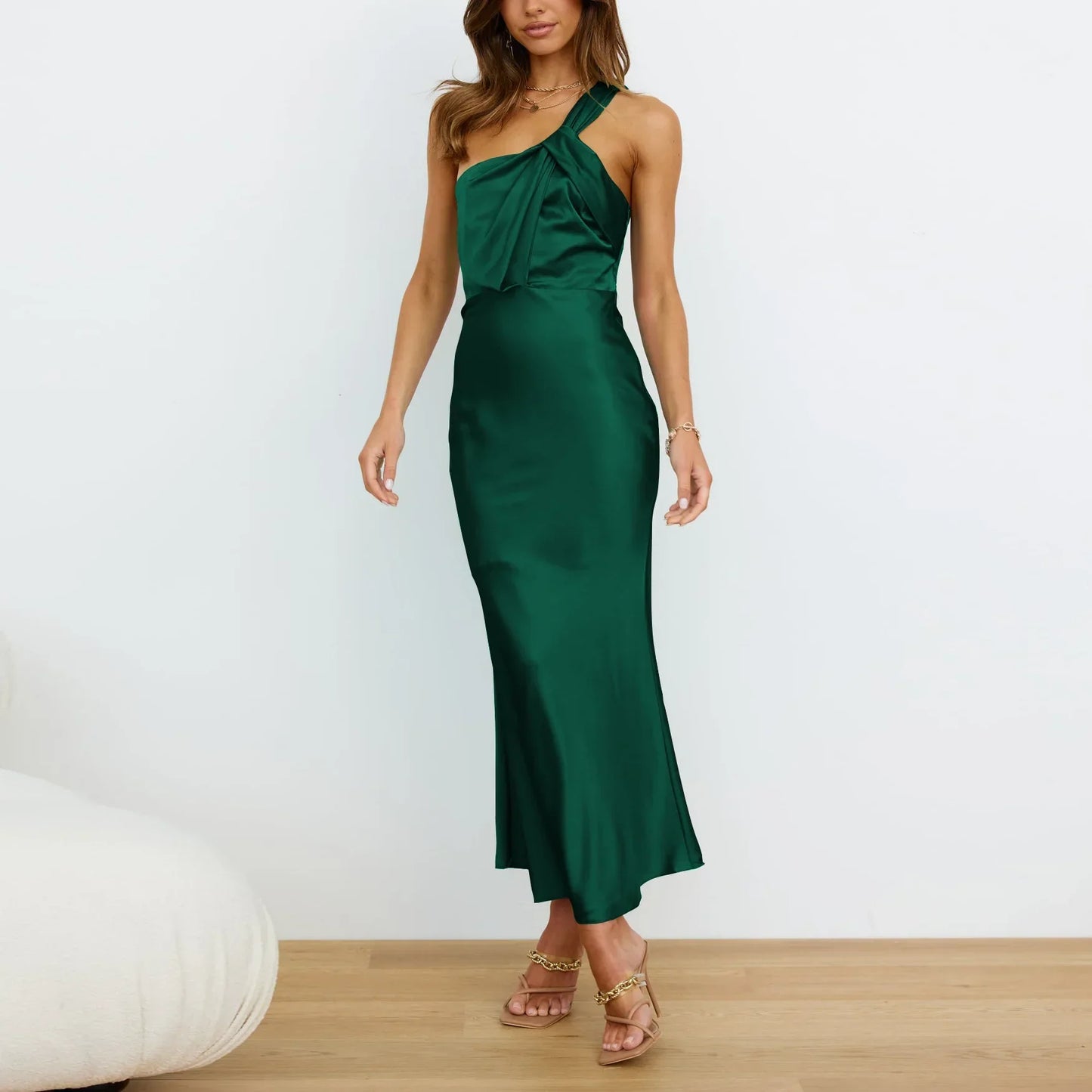 Satin One Shoulder Midi Dress