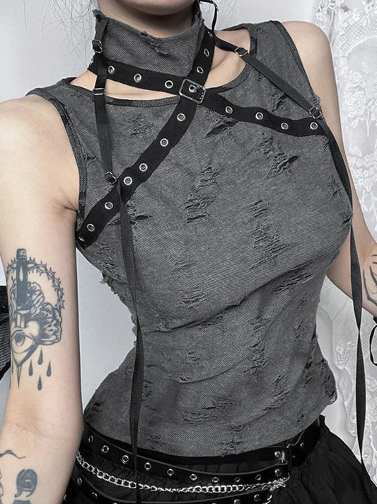 Vintage Gothic Print Retro Punk Sleeveless Five Pointed Star Crop Top