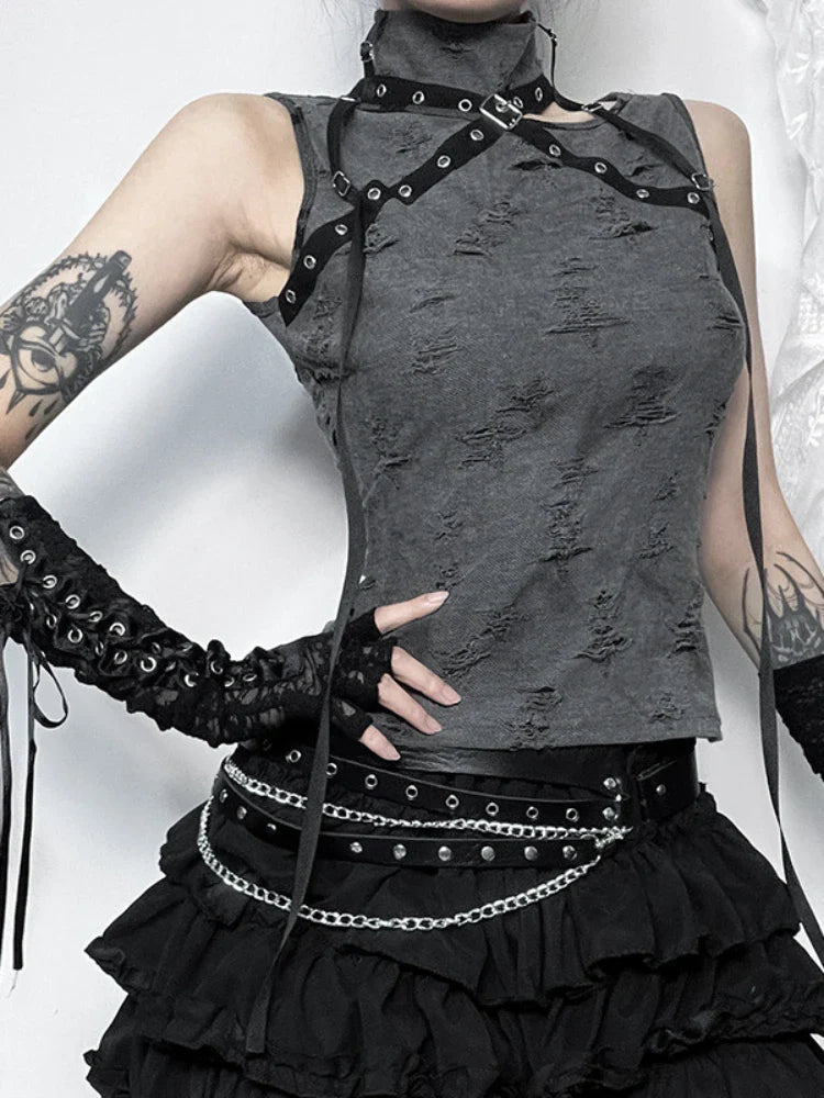 Vintage Gothic Print Retro Punk Sleeveless Five Pointed Star Crop Top