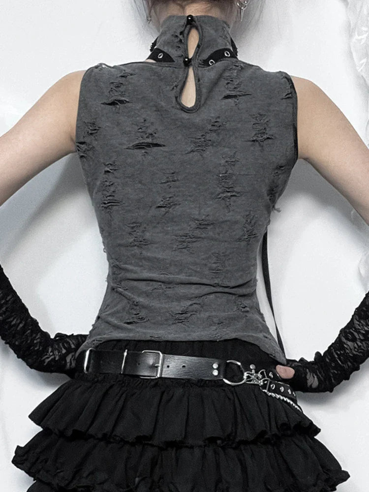 Vintage Gothic Print Retro Punk Sleeveless Five Pointed Star Crop Top