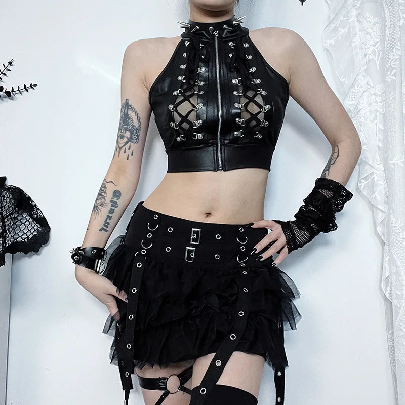 Hollowed Out Gothic Lace Up Bandage Y2k Crop Top