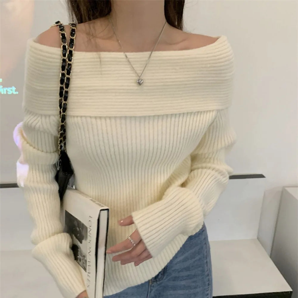 White Flat-neck Feminine Collarbone Off-shoulder Slimming Sweater
