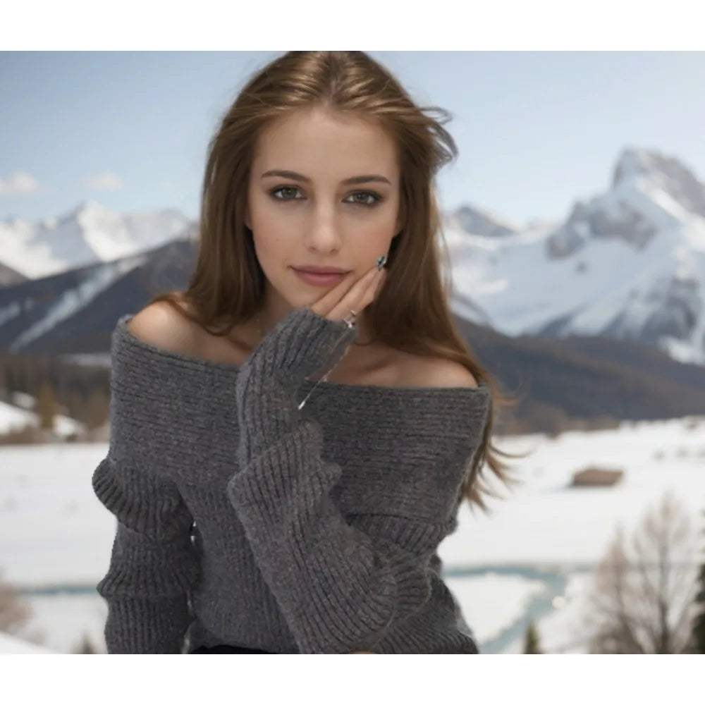 White Flat-neck Feminine Collarbone Off-shoulder Slimming Sweater