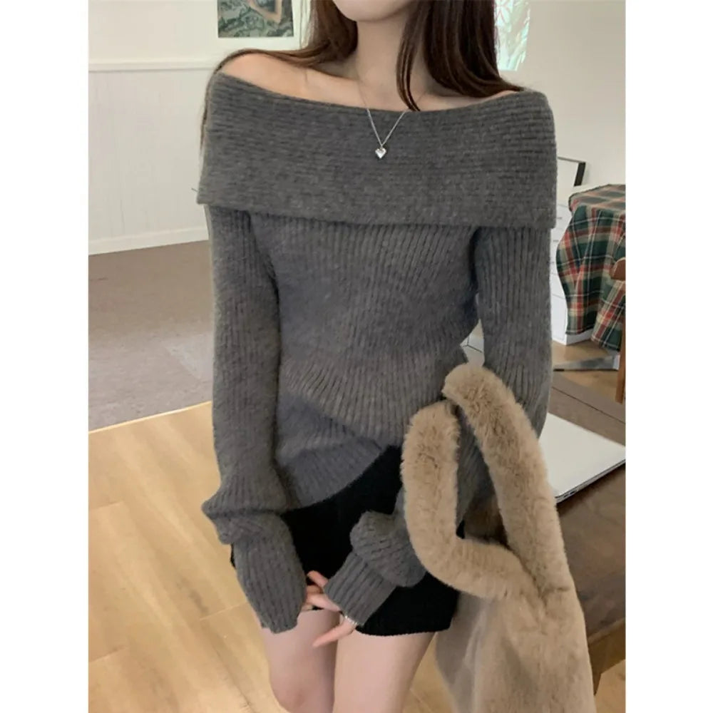 White Flat-neck Feminine Collarbone Off-shoulder Slimming Sweater