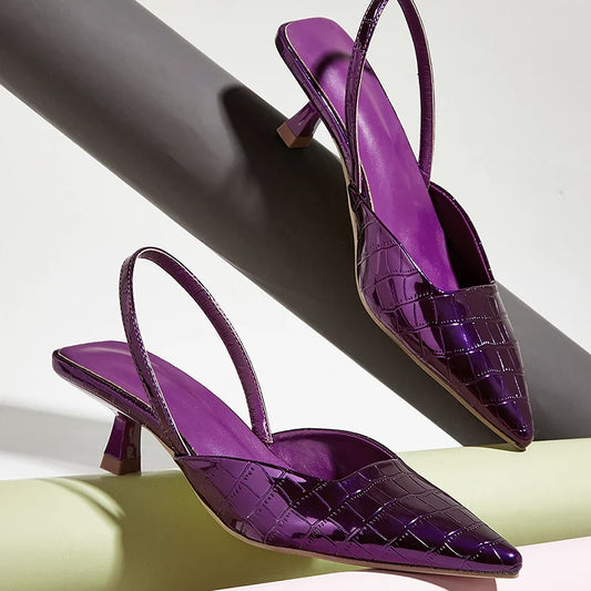 Summer New Fashion Back Strap Stone Pattern Purple Pointed Toe Slingback Shoes Brand Wedding High Mules Low Heel Pumps