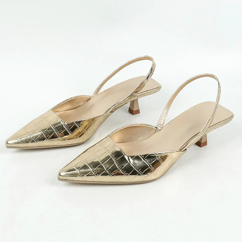 Summer New Fashion Back Strap Stone Pattern Purple Pointed Toe Slingback Shoes Brand Wedding High Mules Low Heel Pumps