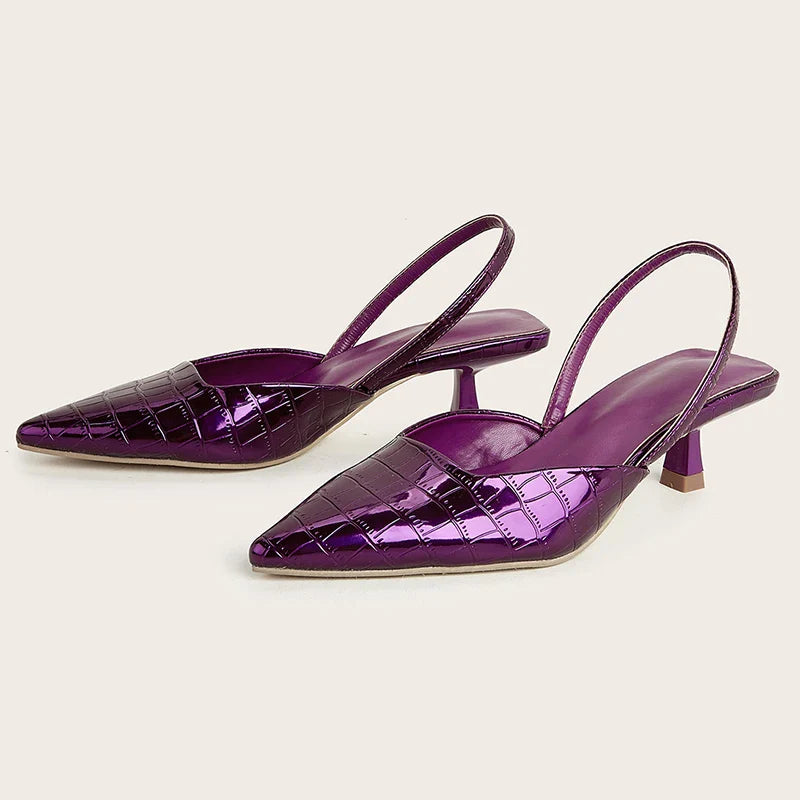Summer New Fashion Back Strap Stone Pattern Purple Pointed Toe Slingback Shoes Brand Wedding High Mules Low Heel Pumps