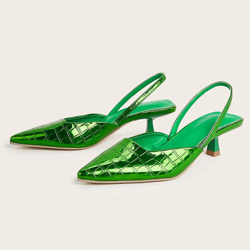 Summer New Fashion Back Strap Stone Pattern Purple Pointed Toe Slingback Shoes Brand Wedding High Mules Low Heel Pumps