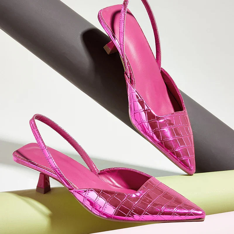 Summer New Fashion Back Strap Stone Pattern Purple Pointed Toe Slingback Shoes Brand Wedding High Mules Low Heel Pumps