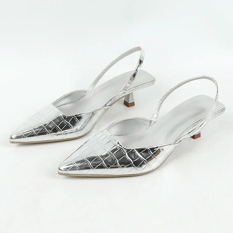 Summer New Fashion Back Strap Stone Pattern Purple Pointed Toe Slingback Shoes Brand Wedding High Mules Low Heel Pumps