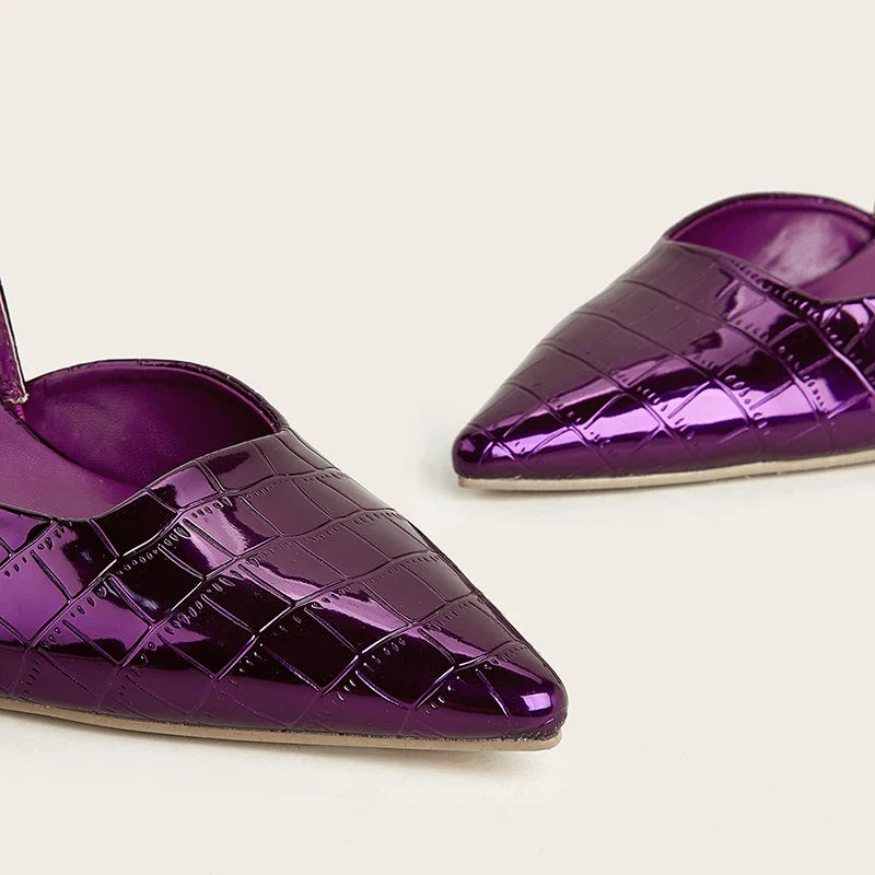 Summer New Fashion Back Strap Stone Pattern Purple Pointed Toe Slingback Shoes Brand Wedding High Mules Low Heel Pumps