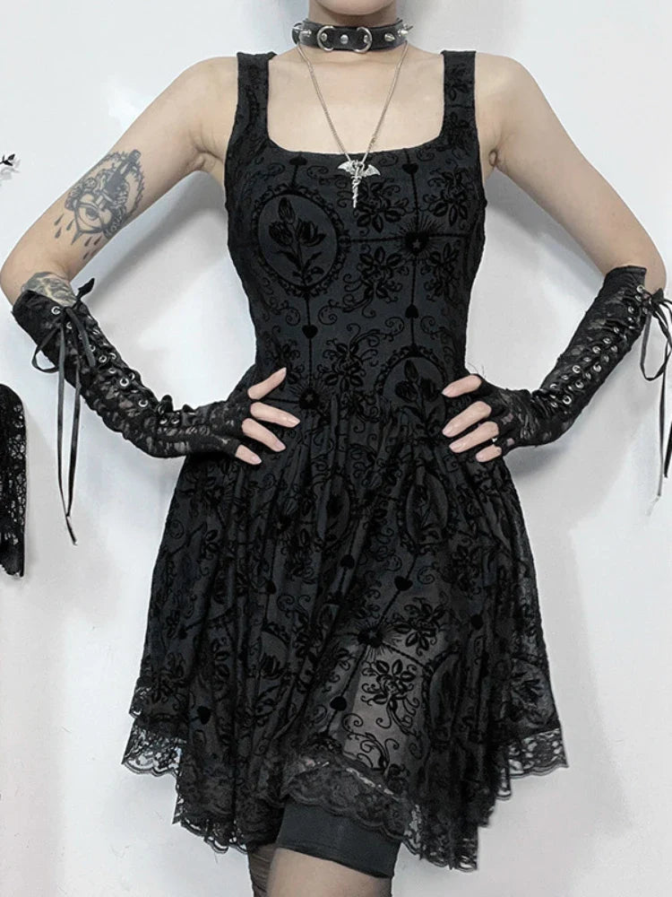 Summer New Harajuku Retro Wrapped Hip Mini Dress Y2K Vintage Gothic Punk Dark Style Tie Up A-Line Dress