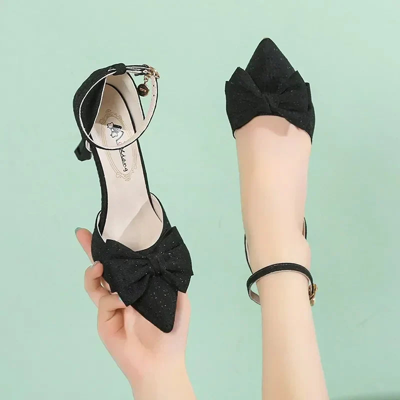 Summer New Slim Shoes One Line Buckle Pointed Highs Fashion Bow Shoes Low Heel Pumps