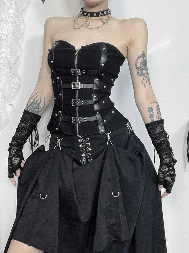 Y2K Corset Strapless Black Gothic Harajuku Punk Hip Hop Aesthetic Dance Crop Top