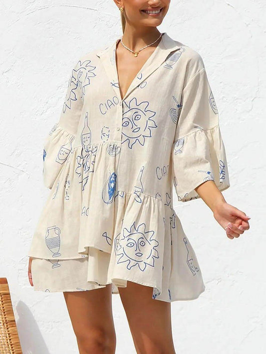Ethnic Style Loose Shirt Short Dress-Blue