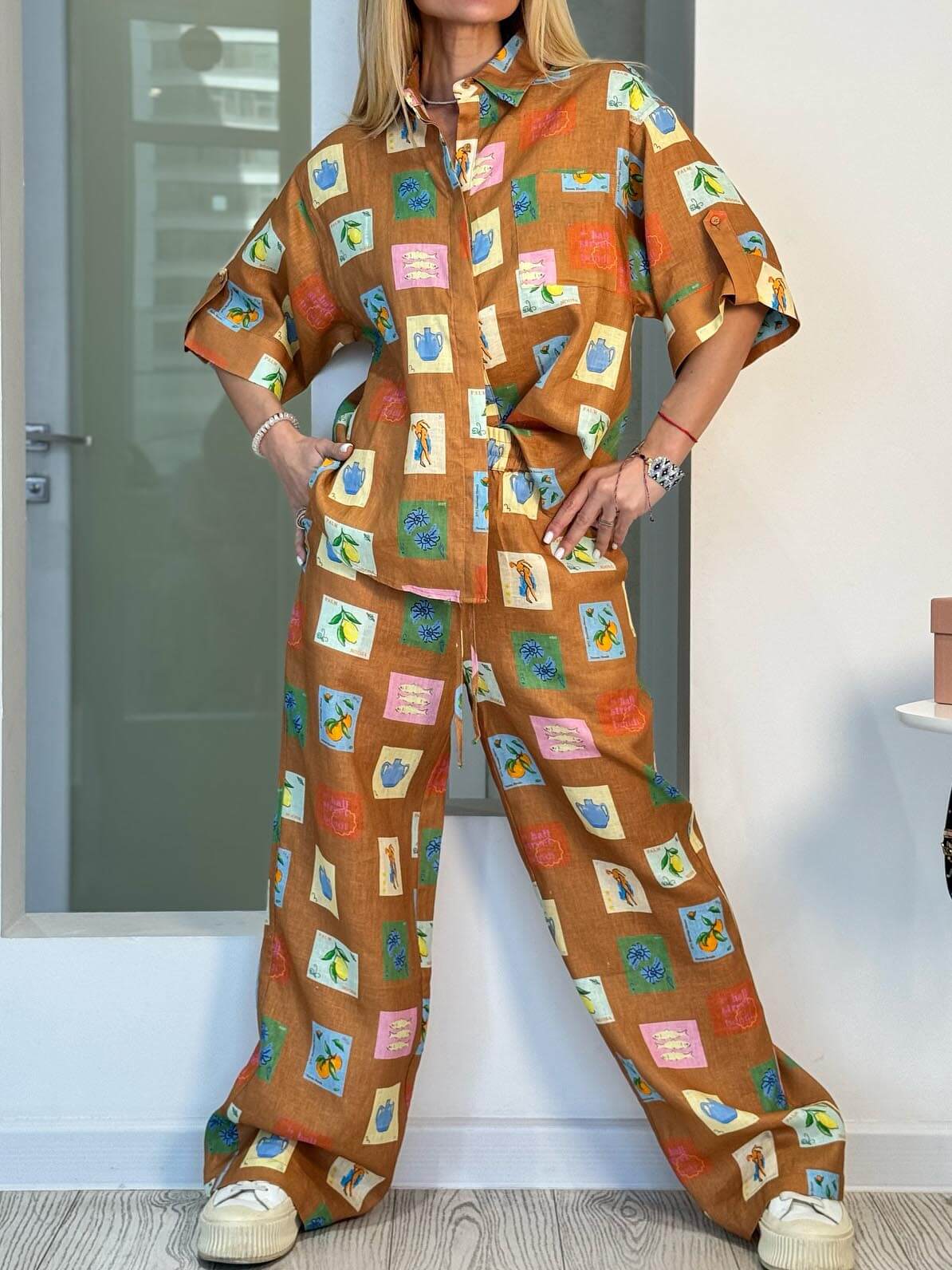 Ethnic Botanical Floral Print Loose Pants Set