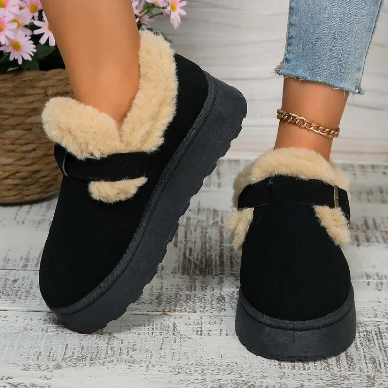 2024Fashion Plush Flat Shoes Suede Round Toe Solid Color Snow Boots Warm Flat Non-slip Ankle Boots Botas Mujer