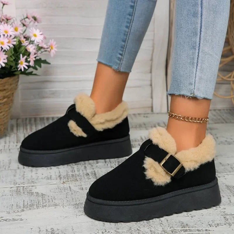 2024Fashion Plush Flat Shoes Suede Round Toe Solid Color Snow Boots Warm Flat Non-slip Ankle Boots Botas Mujer