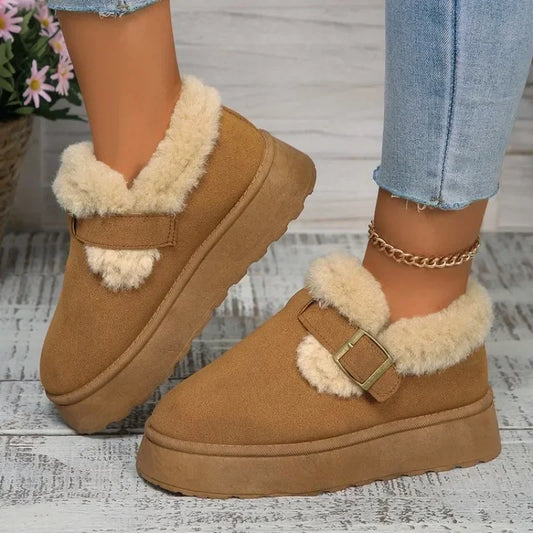 2024Fashion Plush Flat Shoes Suede Round Toe Solid Color Snow Boots Warm Flat Non-slip Ankle Boots Botas Mujer