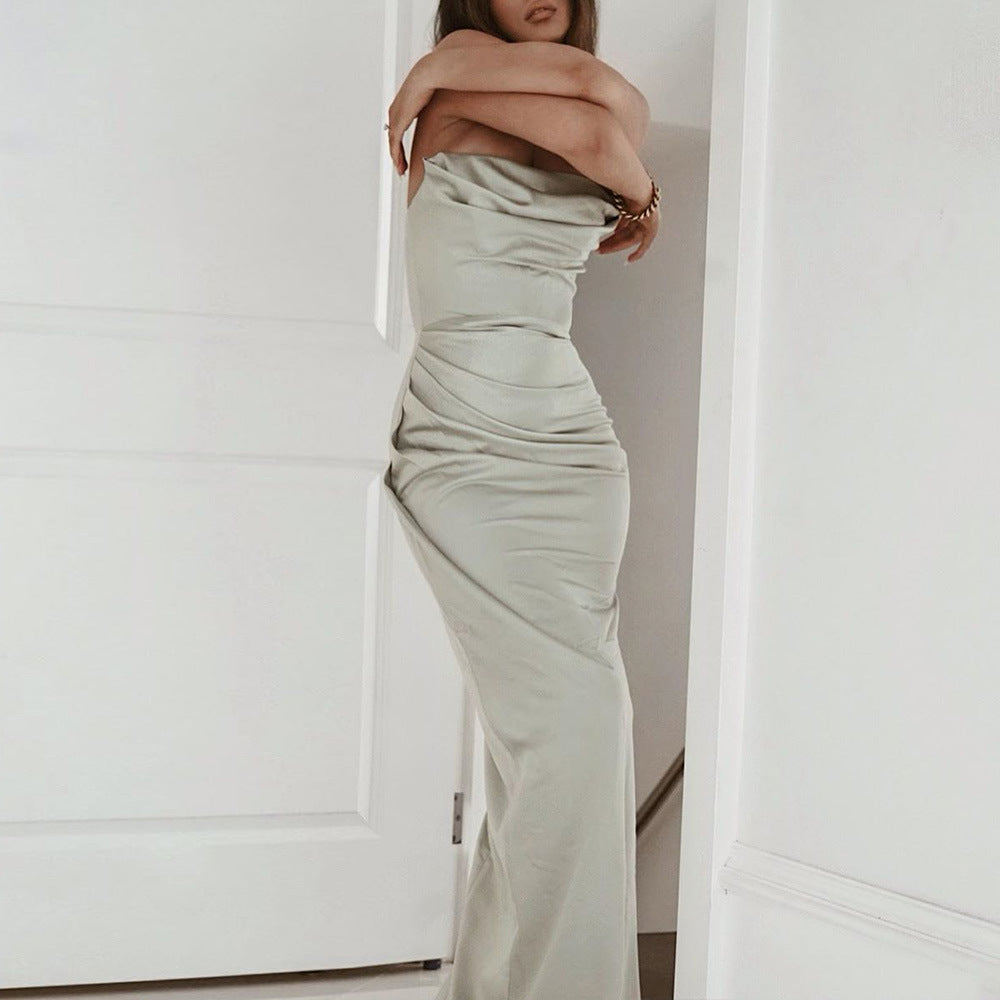 Satin Bandeau Backless Split Dress