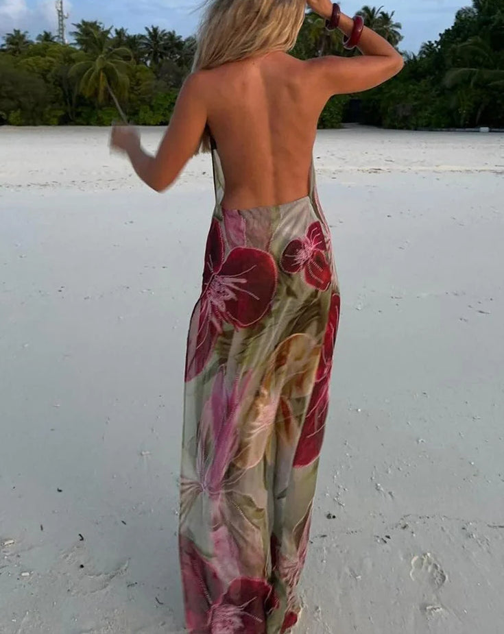 Bead Chain Split Swing Floral Dress