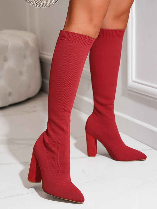 Pointed-Toe Solid Color Chunky Shoes Pumps Boots