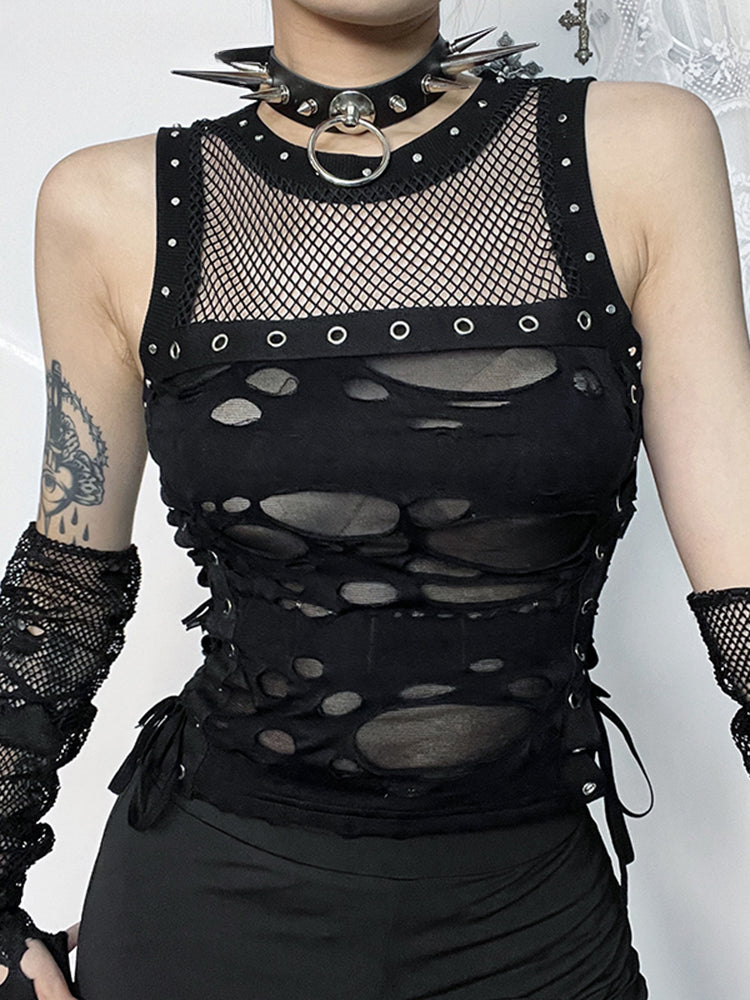 Mall Gothic Hole See Through Lace-up Streetwear Cyber Punk Rave Fashion Crop Top