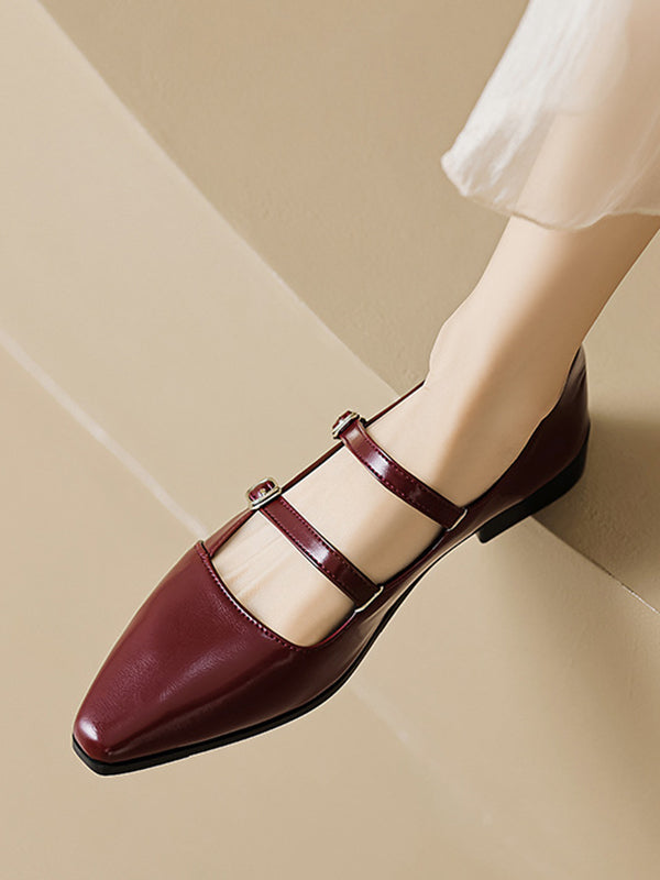 Belt Buckle Pointed-Toe Split-Joint Mary Janes Flat Shoes