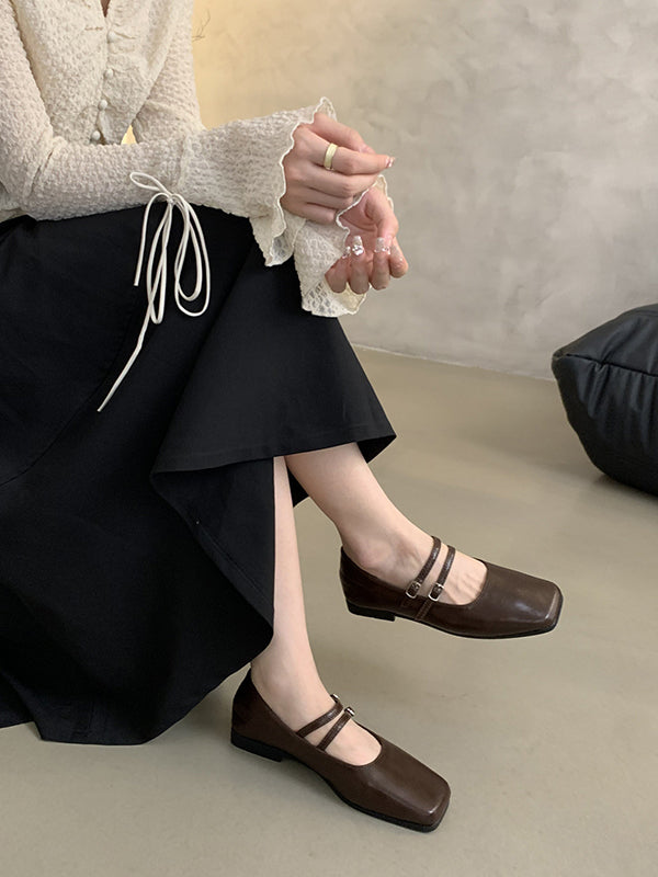 Belt Buckle Shallow Cut Split-Joint Square-Toe Mary Janes Flats
