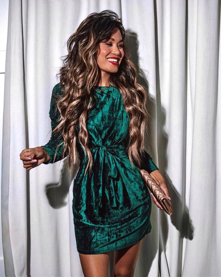 Tie Round Neck Velvet Dress