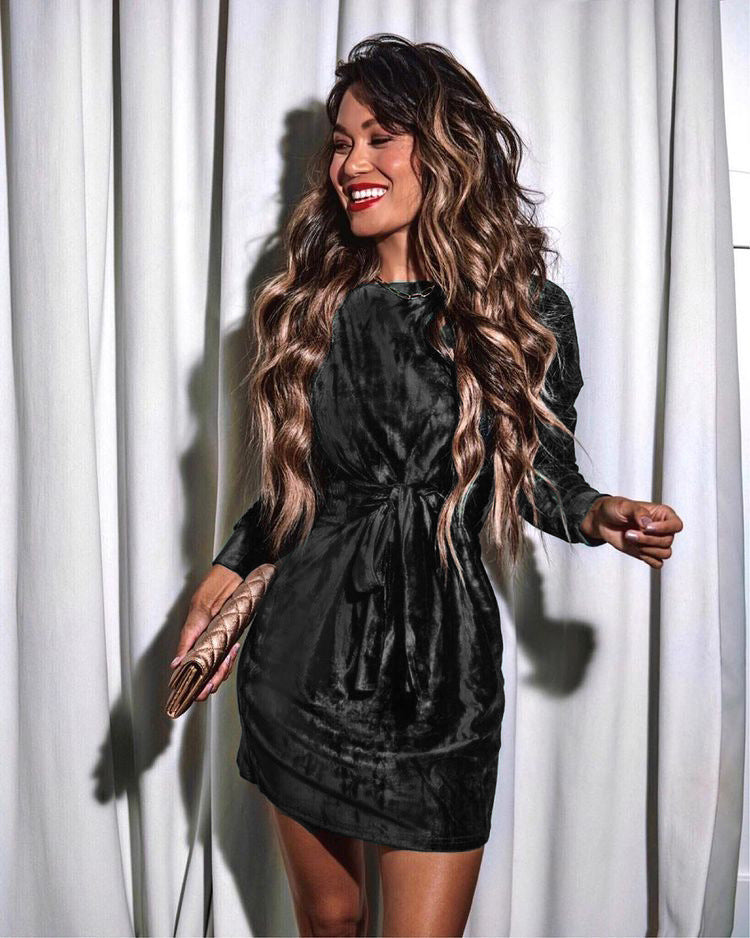 Tie Round Neck Velvet Dress