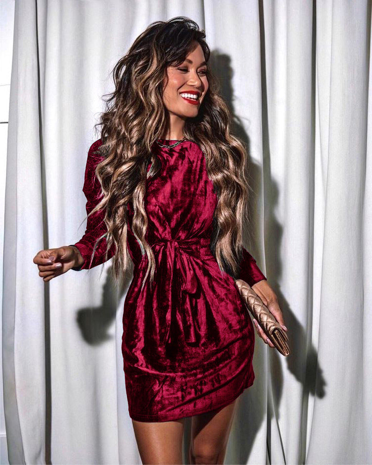 Tie Round Neck Velvet Dress