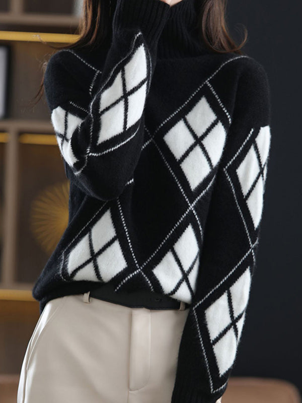 Casual Long Sleeves Loose Plaid High-Neck Sweater Tops