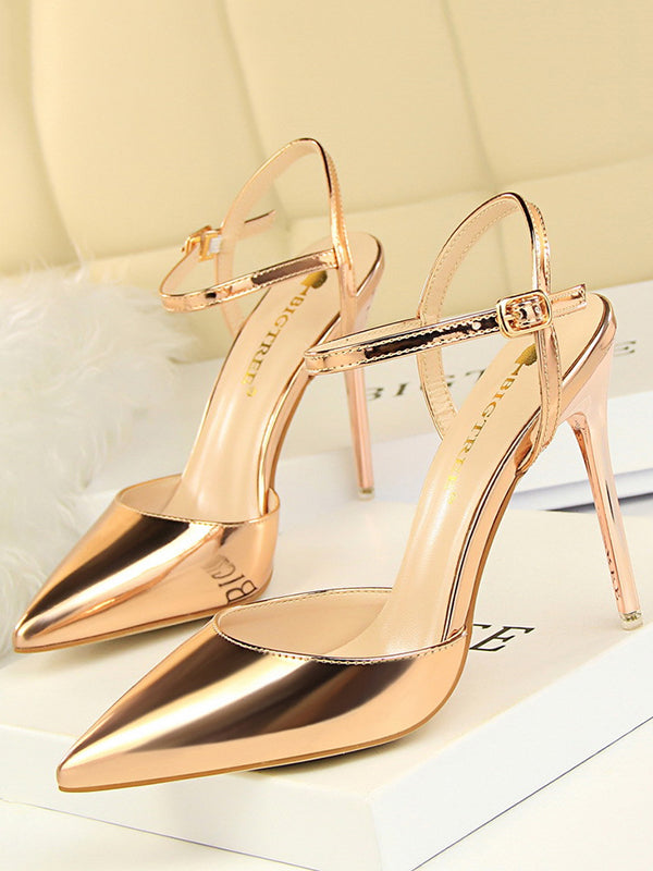 Belt Buckle Pointed-Toe Shiny Split-Joint Sandals Pumps