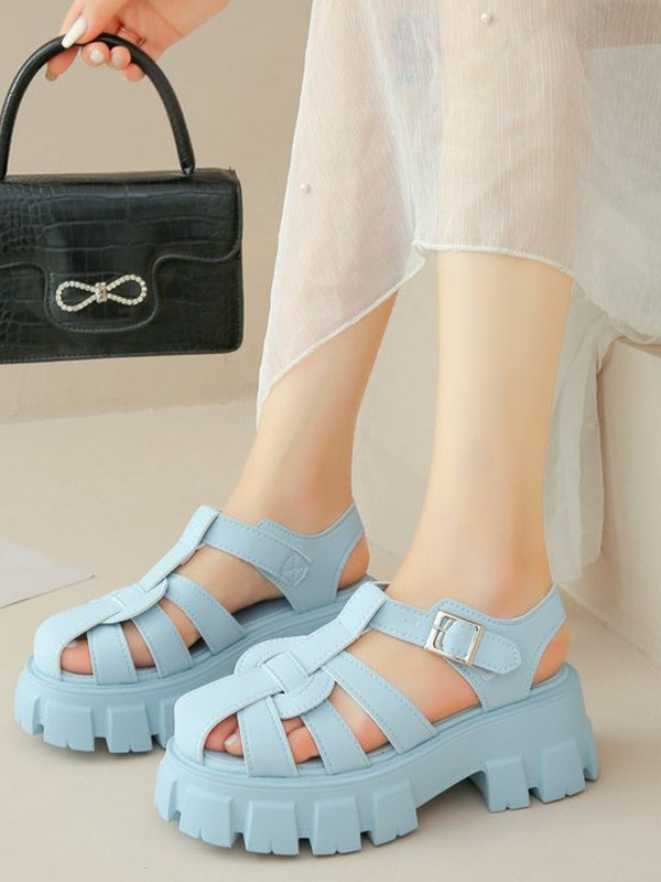 Belt Buckle Hollow Round-Toe Split-Joint Sandals Platform Shoes Gladiators