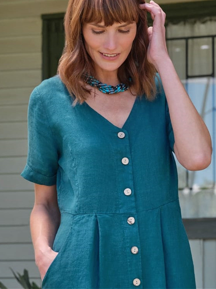 V Neck Linen Button-Down Midi Dress with Pocket In Moonlight Teal