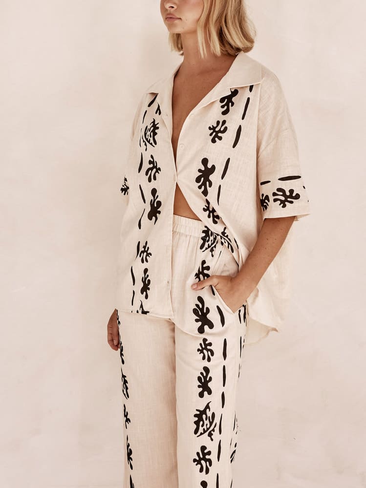 Black Printed Cream Shirt Pant Set