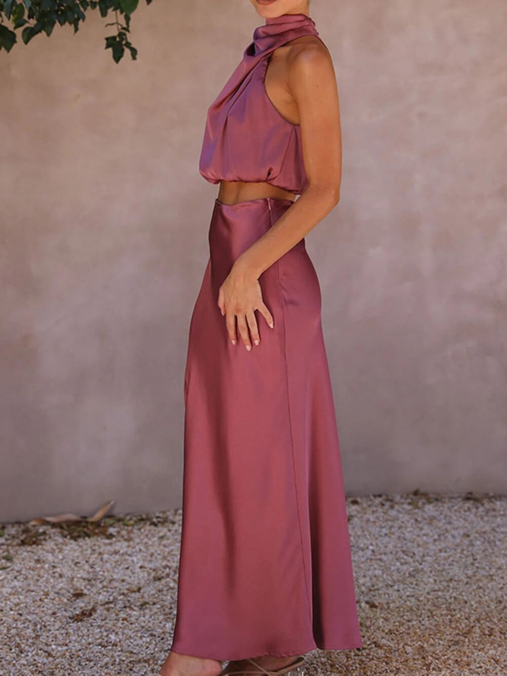 Satin Halter Crop Tank Top + Wrap Mini Skirt Set