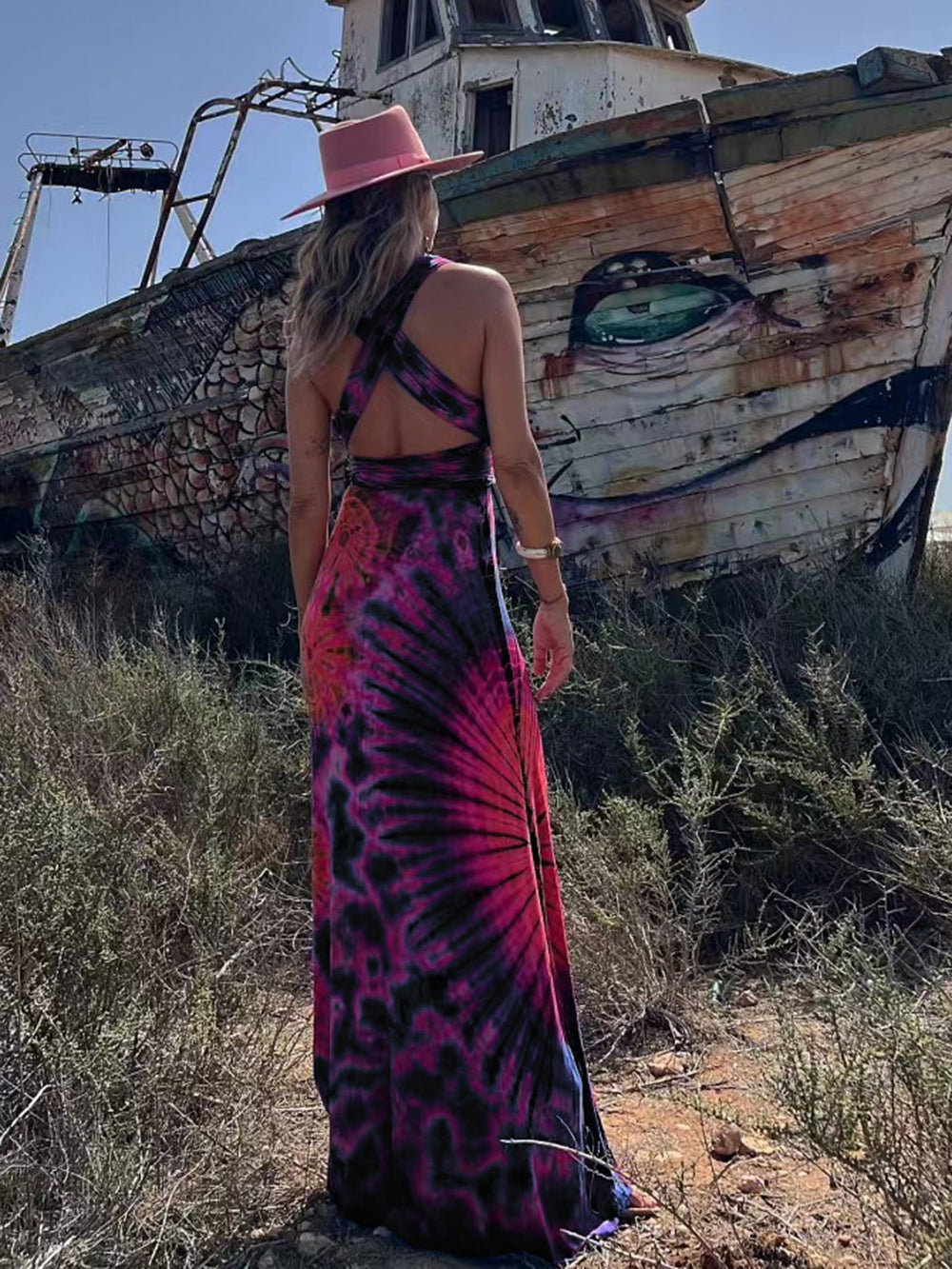 Tie-dye Print V-neck Cross Back Straps Stretch Maxi Dress