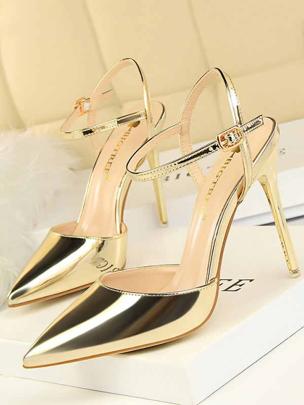 Belt Buckle Pointed-Toe Shiny Split-Joint Sandals Pumps