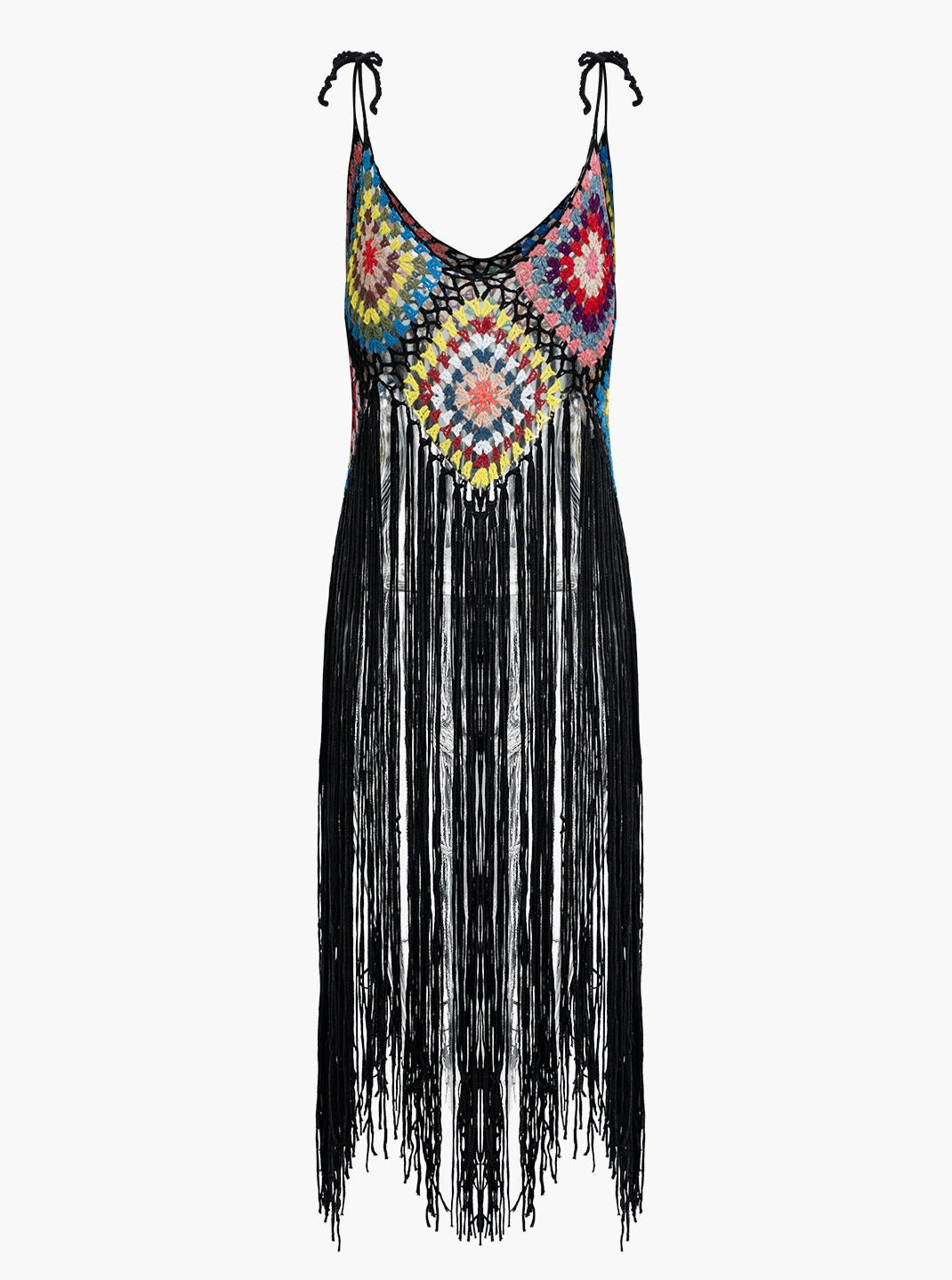 Rainbow Square Pattern Fringe Crochet Knit Cami Top