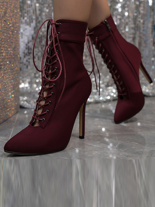 Hollow Pointed-Toe Solid Color Tied Zipper Stilettos Boots