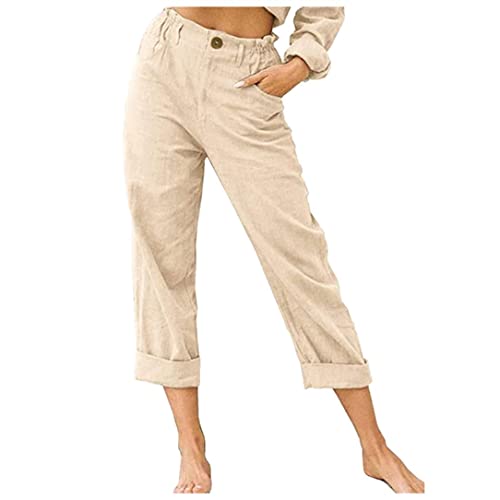 Linen Buttons Cropped Pants High Elastic Waist Stretch Capris Casual Work Crop Pants