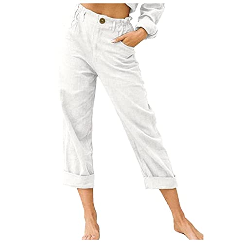 Linen Buttons Cropped Pants High Elastic Waist Stretch Capris Casual Work Crop Pants