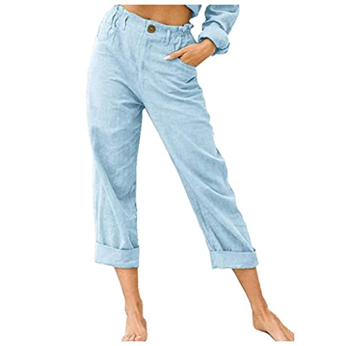 Linen Buttons Cropped Pants High Elastic Waist Stretch Capris Casual Work Crop Pants