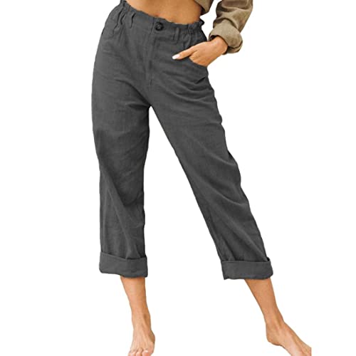 Linen Buttons Cropped Pants High Elastic Waist Stretch Capris Casual Work Crop Pants